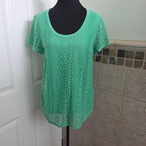 Nine West Green Crochet Front Short Sleeve Shirt Size Large St Patricks Day Boho